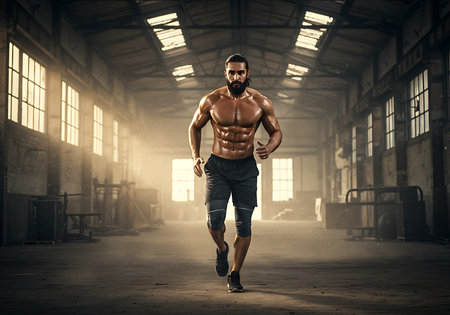 A muscular man, shirtless and drenched in sweat, runs through a large, dusty industrial space. Generative Aiの素材