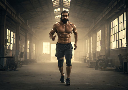 A muscular man, shirtless and drenched in sweat, runs through a large, dusty industrial space. Generative Aiの素材