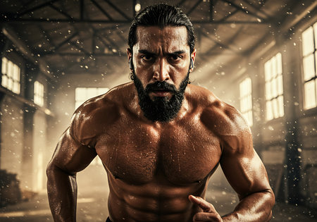 A close-up of a shirtless, muscular man, drenched in sweat and focused, in a dimly lit industrial setting. Generative Aiの素材