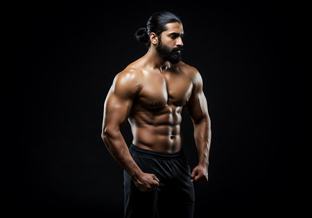 A muscular man with a defined physique, showcasing toned arms, chest, and abs, is captured against a completely black background. Generative Aiの素材