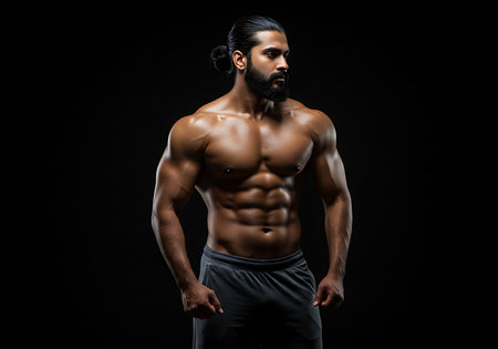 A muscular man with a defined physique, showcasing toned arms, chest, and abs, is captured against a completely black background. Generative Aiの素材
