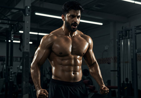 A muscular man, drenched in sweat, exudes intense determination in a dimly lit gym. Generative Aiの素材