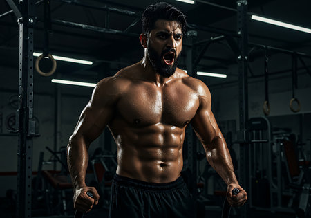 A muscular man, dripping with sweat, strikes a powerful pose in a dimly lit gym. Generative Aiの素材