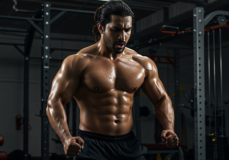 A muscular man, drenched in sweat, performs a bicep curl exercise on a gym machine. Generative Aiの素材
