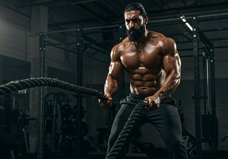 A muscular man with a strong physique is intensely focused on pulling battle ropes in a dark gym. Generative Aiの素材