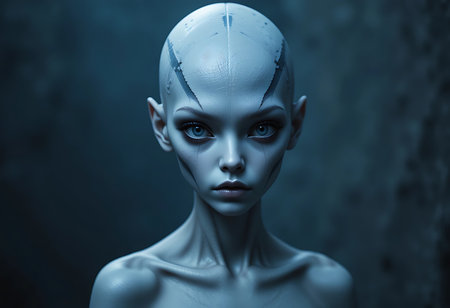 Close-up portrait of a stylized female figure, possibly an alien or fantasy character. Generative Aiの素材