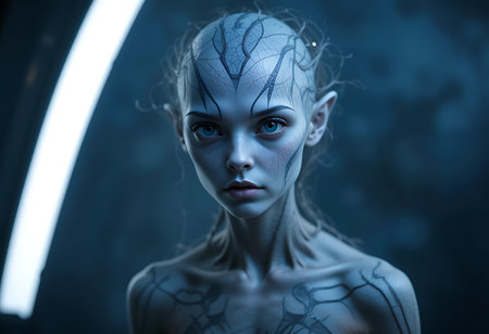 Close-up portrait of a stylized female figure, possibly an alien or fantasy character. Generative Aiの素材