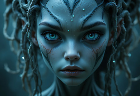 A captivating close-up of an alien digital fantasy female face. Generative Aiの素材