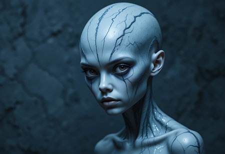 Close-up portrait of a stylized female figure, possibly an alien or fantasy character. Generative Aiの素材