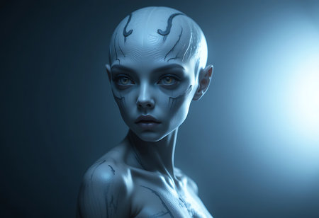 Close-up portrait of a stylized female figure, possibly an alien or fantasy character. Generative Aiの素材