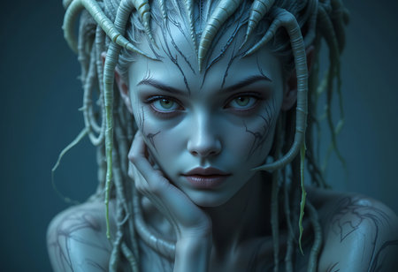 A captivating close-up portrait of a woman with a unique, fantastical hairstyle composed of gray, plant-like tendrils. Generative Aiの素材