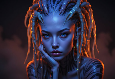 A captivating close-up portrait of a stylized alien female figure. Generative Aiの素材