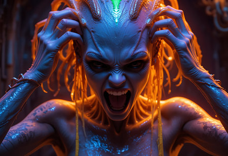 Close-up of a digital artwork featuring a stylized alien woman with an intense, angry expression. Generative Aiの素材