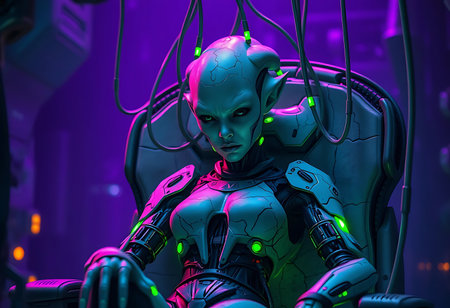 A captivating image of a female cyborg, seemingly an advanced android or alien with cybernetic enhancements, seated in a futuristic chair. Generative Aiの素材