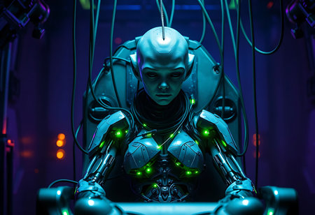 A captivating image of a female cyborg, seemingly an advanced android or alien with cybernetic enhancements, seated in a futuristic chair. Generative Aiの素材