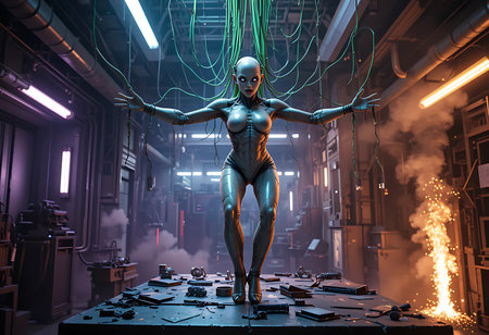 A captivating image of a stylized cyborg woman poised in a dynamic, almost acrobatic stance within a dimly lit, cluttered, and technologically advanced laboratory setting. Generative Aiの素材