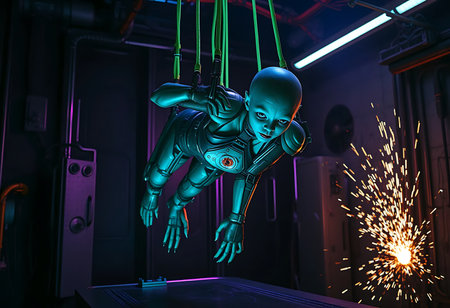 A striking digital illustration of a teal-colored cyborg suspended by neon green cables, actively working in a dimly lit, futuristic workshop. Generative Aiの素材