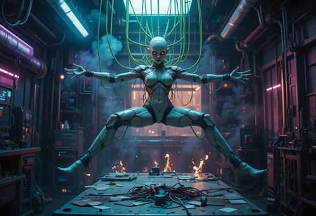 A captivating image of a stylized cyborg woman poised in a dynamic, almost acrobatic stance within a dimly lit, cluttered, and technologically advanced laboratory setting. Generative Aiの素材