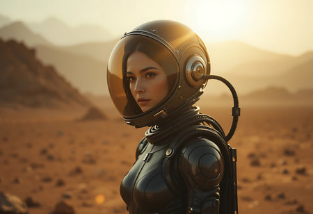 A female astronaut, wearing advanced, dark-toned futuristic armor and a helmet, stands on a dusty, orange Martian landscape. Generative Aiの素材