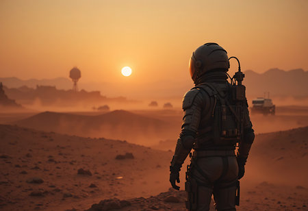 A solitary astronaut in advanced space suit, positioned in the foreground, surveys a desolate Martian landscape. Generative Aiの素材