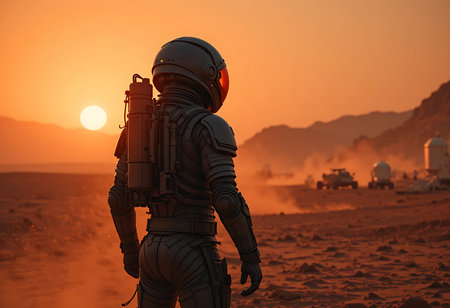 A lone astronaut in a futuristic spacesuit stands on a desolate Martian landscape, gazing at a vibrant sunset. Generative Aiの素材