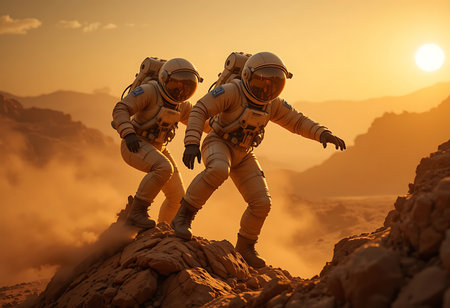 Two astronauts in beige space suits, equipped with backpacks, are shown climbing a rocky Martian landscape at sunset. Generative Aiの素材