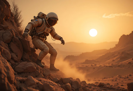 Two astronauts in beige space suits, equipped with backpacks, are shown climbing a rocky Martian landscape at sunset. Generative Aiの素材