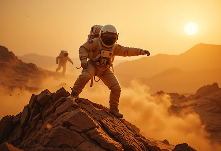 Two astronauts in beige space suits, equipped with backpacks, are shown climbing a rocky Martian landscape at sunset. Generative Aiの素材