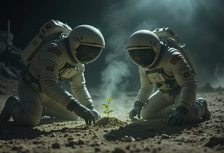 Two astronauts in white space suits kneel on a Martian-like landscape, carefully planting a small green plant. Generative Aiの素材