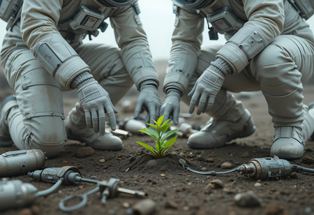 Two astronauts in spacesuits are shown planting a small, vibrant green plant in dark soil on an alien planet. Generative Aiの素材