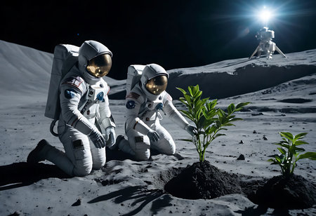 Two astronauts in white spacesuits are planting a small plant in a hole on the moon's surface, a poignant scene symbolizing pioneering endeavors in space exploration and the potential for life beyond Earth. Generative Aiの素材