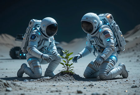 Two astronauts in white space suits are kneeling on a moon-like surface, planting a small green plant. Generative Aiの素材