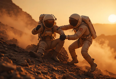 Two astronauts in beige space suits are shown on a dusty, rocky Martian landscape, one assisting the other. Generative Aiの素材
