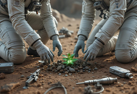 Two astronauts in spacesuits are shown planting a small, vibrant green plant in dark soil on an alien planet. Generative Aiの素材