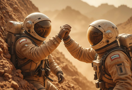 Two astronauts in dusty, earth-toned spacesuits high-five each other amidst a dramatic Martian landscape. Generative Aiの素材