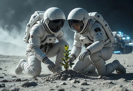Two astronauts in white spacesuits kneel on a gray lunar surface, planting a small green plant. Generative Aiの素材