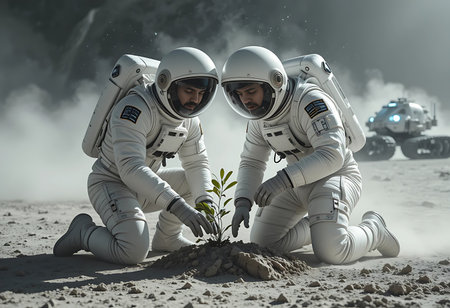 Two astronauts in white spacesuits kneel on a gray lunar surface, planting a small green plant. Generative Aiの素材