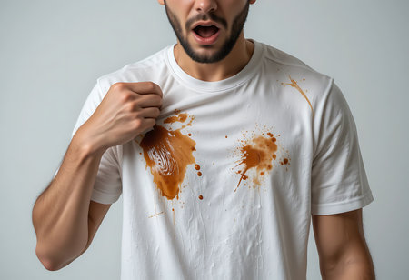A man with an expressive, surprised facial expression pulls at his white t-shirt, which is covered in large, noticeable coffee stains. Generative Aiの素材