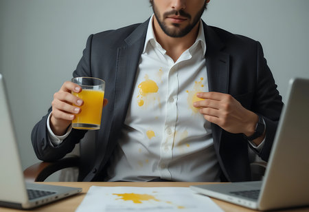 A businessman in a gray suit and white shirt is sitting at a desk, holding a glass of orange juice. Generative Aiの素材