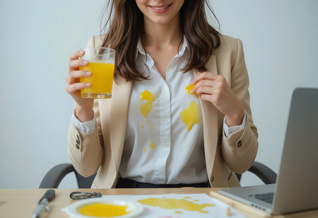 A woman wearing a beige blazer and white shirt is seated at a light wooden desk, holding a glass of orange juice. Generative Aiの素材