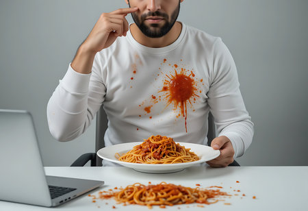 A man sits at a desk, his white shirt and the surrounding table are splattered with spaghetti sauce and tomatoes. Generative Aiの素材