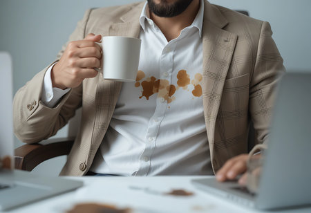 A mid-section shot of a businessman seated at a desk, holding a white coffee mug. Generative Aiの素材