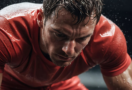 Close-up of a male athlete, drenched in sweat, during strenuous physical activity. Generative Aiの素材