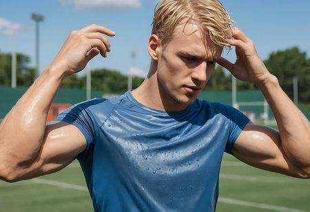 A close-up of a male athlete, drenched in sweat and rain, on a sports field. Generative Aiの素材