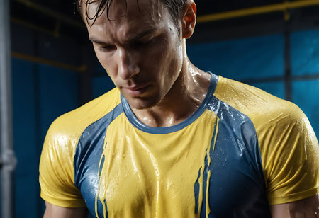 Close-up of a muscular man, drenched in sweat, wearing a yellow and navy athletic shirt in a gym setting. Generative Aiの素材