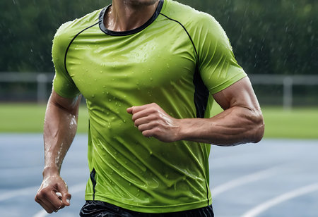 Close-up of a male runner in a vibrant lime green sports top, drenched in rain. Generative Aiの素材