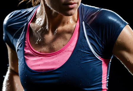 Close-up of a woman runner's upper body, covered in sweat and raindrops. Generative Aiの素材