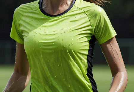 Close-up of a female runner mid-run, showcasing her drenched, light-green sports top and visible sweat. Generative Aiの素材