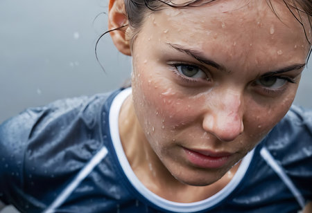 Close-up of a woman runner's upper body, covered in sweat and raindrops. Generative Aiの素材