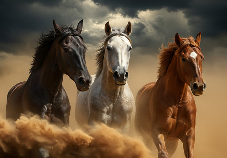 Dramatic close-up of three horses in full stride, amidst a dramatic dust storm. Generative Aiの素材